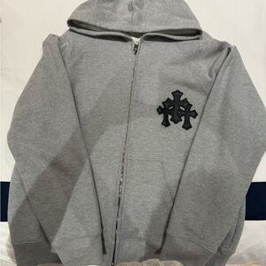 Chrome Hearts Gray Zip-Up Sweater with Black Cross